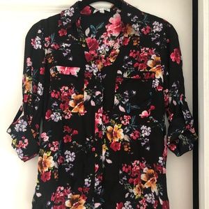 Button Down Floral Black Portofino Slim Fit Blouse